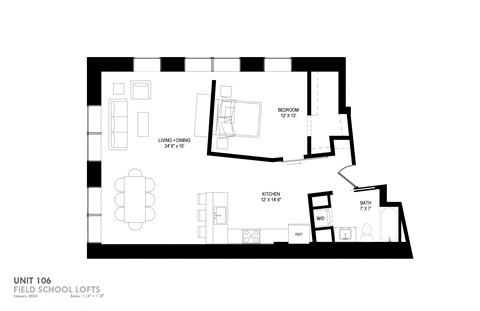 Floor plan for 1 bed, 1 bath, 892 sqft